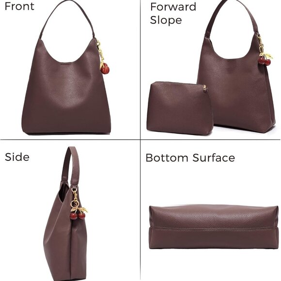 Large Dark Brown Vegan Leather Hobo Tote with Cherry Charm for Travel & Work - Picture 2 of 6